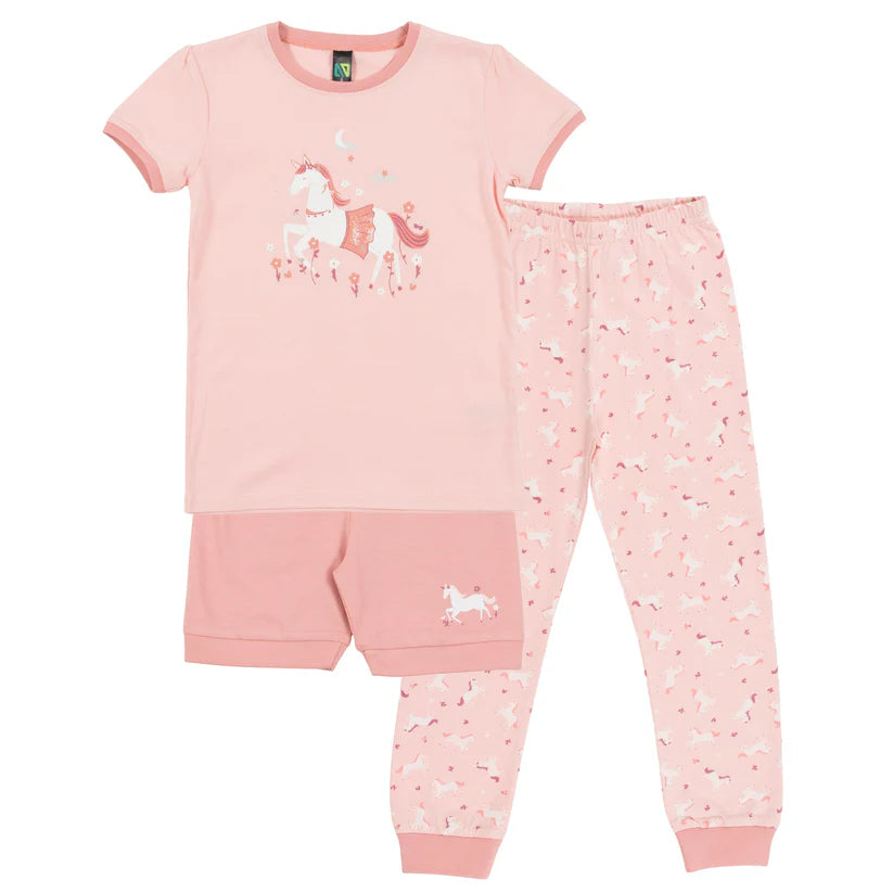 Pyjama trois-pièces - Nanö en jersey rose clair et rose saumon, imprimé licornes, pour fille, vue de face.