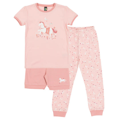 Pyjama trois-pièces - Nanö en jersey rose clair et rose saumon, imprimé licornes, pour fille, vue de face.
