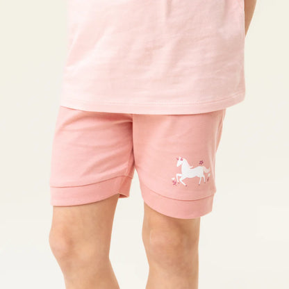 Pyjama trois-pièces - Nanö short rose en jersey avec imprimé licorne blanche, détail étoiles, pour fille, vue de face.