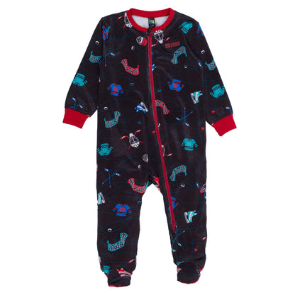 Pyjama - Nanö une-pièce noir avec motifs bleu, rouge, vert, manches longues, pieds fermés, pour garçon, vue de face.