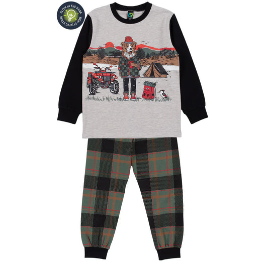 Pyjama - Nanö garçon manches longues noir et gris avec imprimé animalier, pantalon à carreaux verts et orange, vue de face