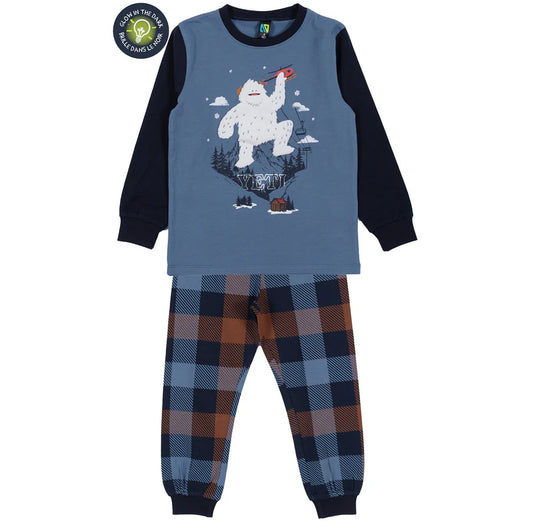 Pyjama - Nanö bleu et marine avec imprimé yéti phosphorescent, pantalon carreaux bleu et marron, garçon, vue de face