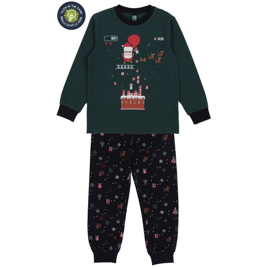 Pyjama - Nanö garçon à manches longues vert foncé et pantalon noir imprimé fêtes, jersey, vue de face