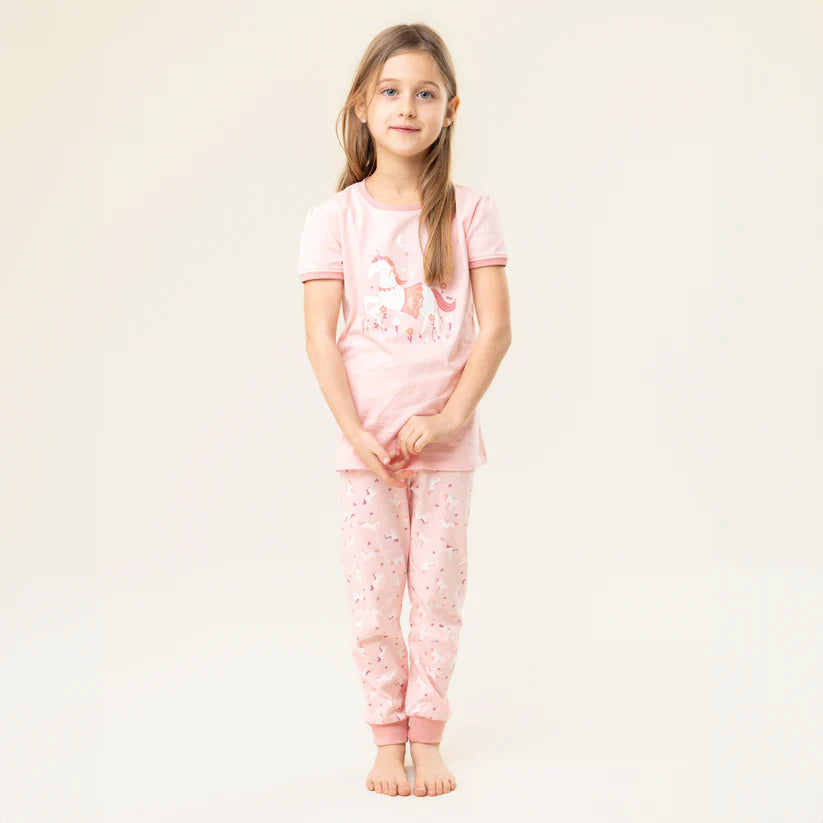Pyjama trois-pièces - Nanö rose en jersey avec imprimés chevaux, manches courtes, pantalon long, pour fille, vue de face, porté sur mannequin.