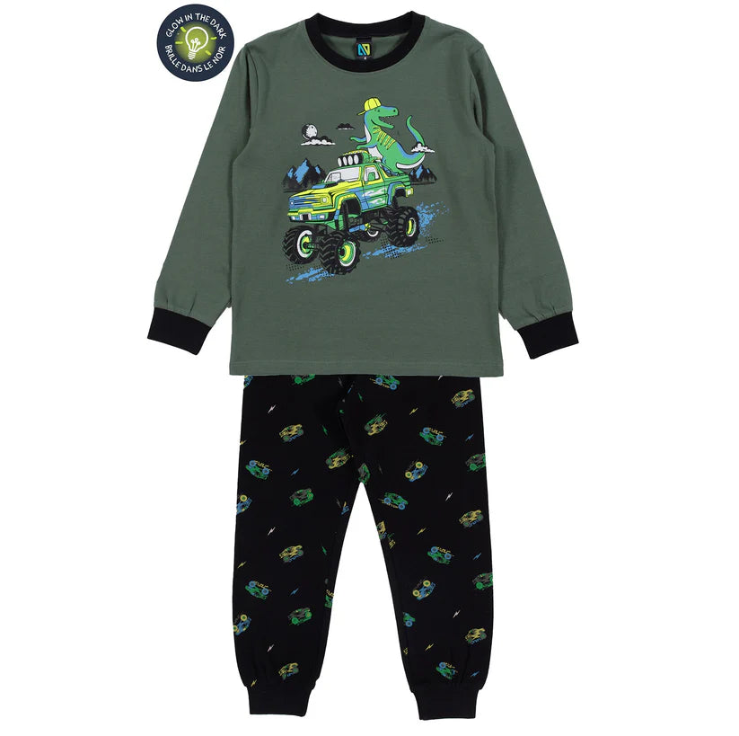 Pyjama - Nanö garçon vert kaki et noir en jersey avec imprimé dinosaure et camion, manches longues, vue de face
