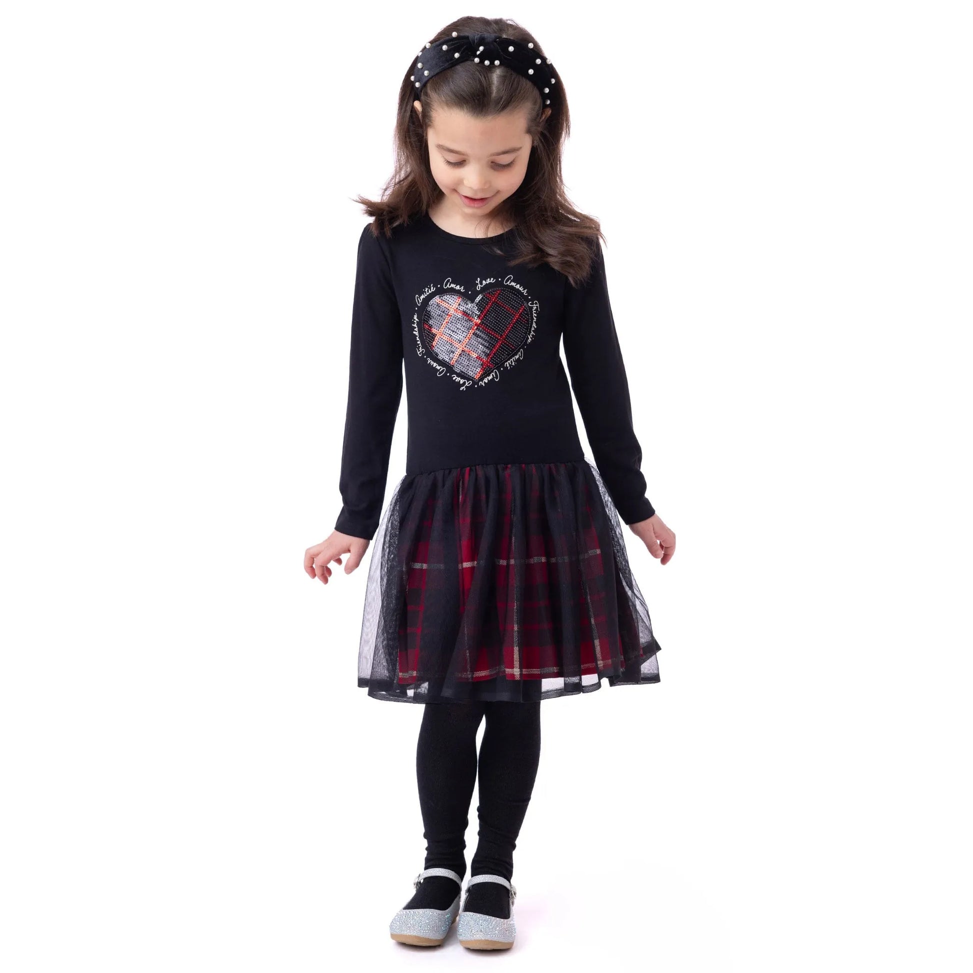 Robe - Nanö noire avec motif cœur à carreaux rouges, tulle superposé, manches longues, pour fille, vue de face portée