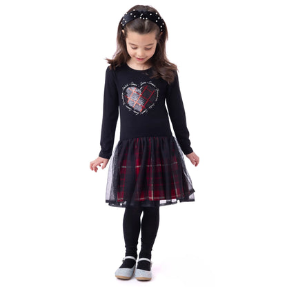 Robe - Nanö noire avec motif cœur à carreaux rouges, tulle superposé, manches longues, pour fille, vue de face portée