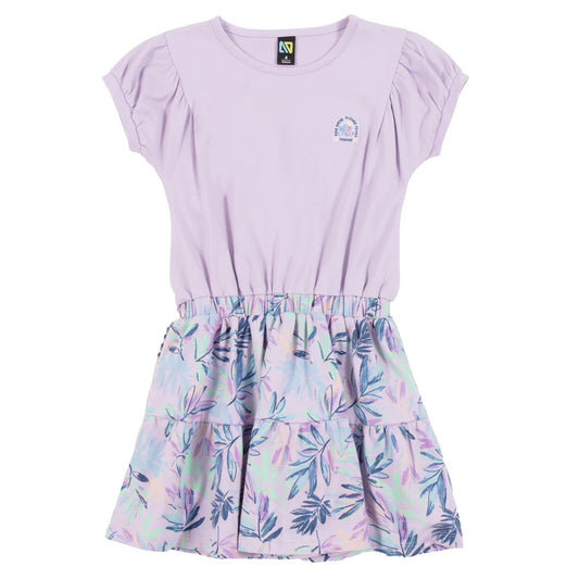 Robe - Nanö en jersey lilas uni avec manches courtes bouffantes et jupe froncée imprimée feuille, pour fille, vue de face