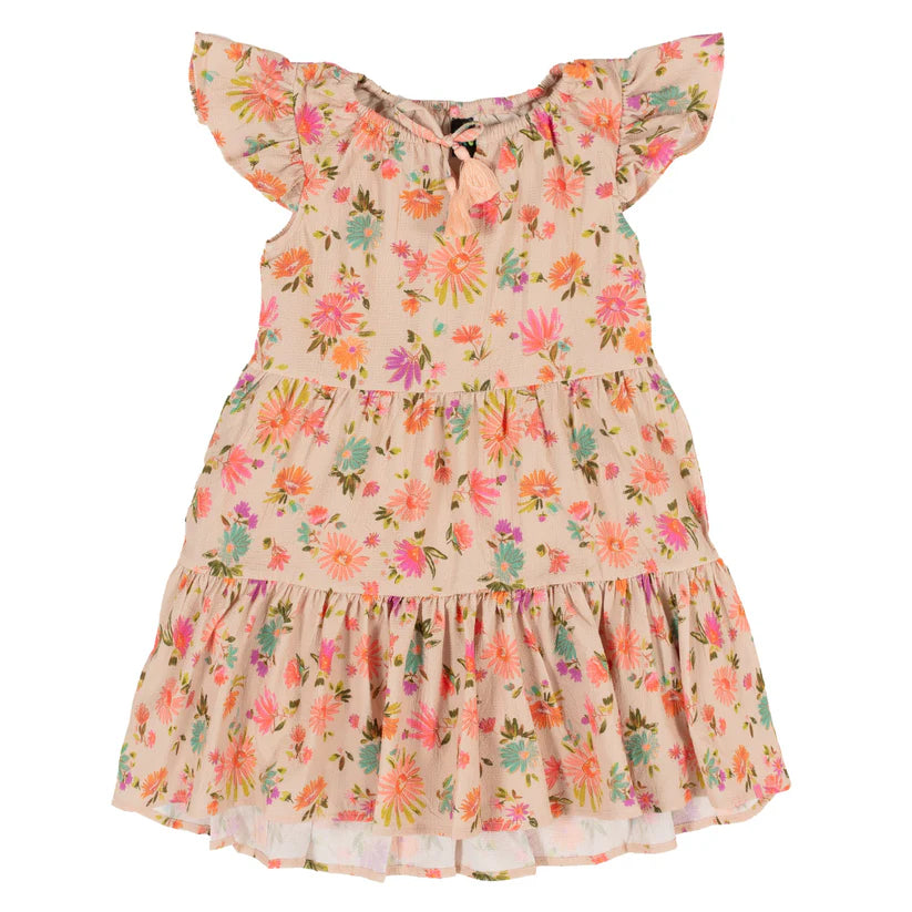 Robe - Nanö en crêpe beige imprimé floral rose et orange, manches courtes volantées, jupe froncée, pour fille, vue de face
