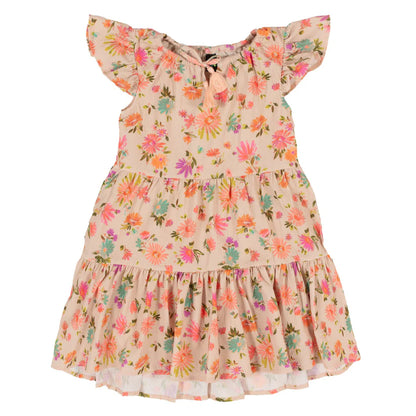 Robe - Nanö en crêpe beige imprimé floral rose et orange, manches courtes volantées, jupe froncée, pour fille, vue de face