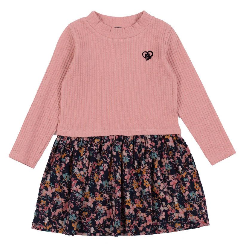 Robe - Nanö en jersey rose texturé à manches longues avec jupe froncée imprimé floral multicolore, pour fille, vue de face.