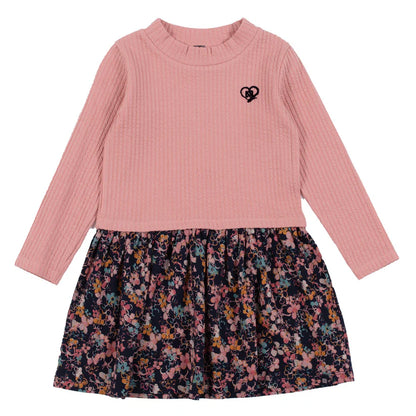 Robe - Nanö en jersey rose texturé à manches longues avec jupe froncée imprimé floral multicolore, pour fille, vue de face.
