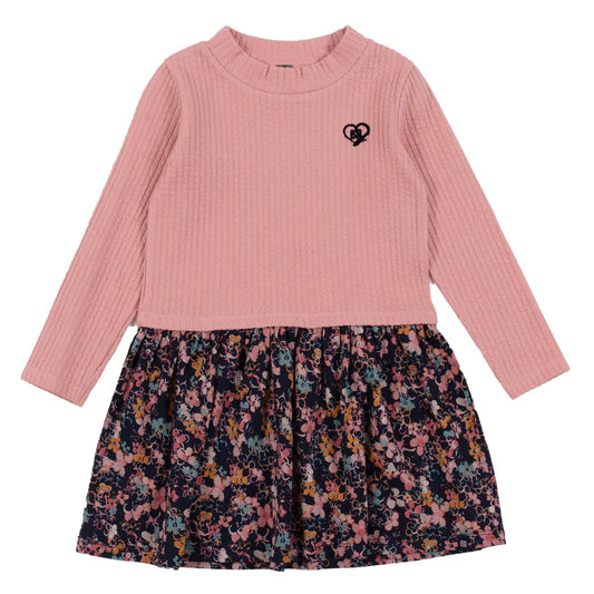 Robe - Nanö en jersey rose texturé à manches longues avec jupe froncée imprimé floral multicolore, pour fille, vue de face.
