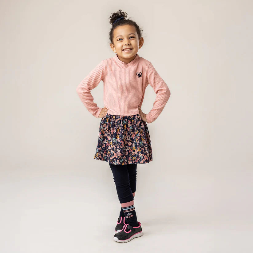 Robe - Nanö en jersey rose texturé et jupe froncée imprimée bleu marine à motifs floraux, pour fille, vue de face portée