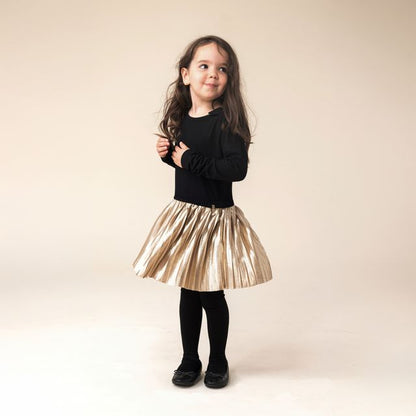 Robe - Nanö noire en jersey avec jupe plissée dorée brillante, manches longues, pour fille, vue de profil droit porté