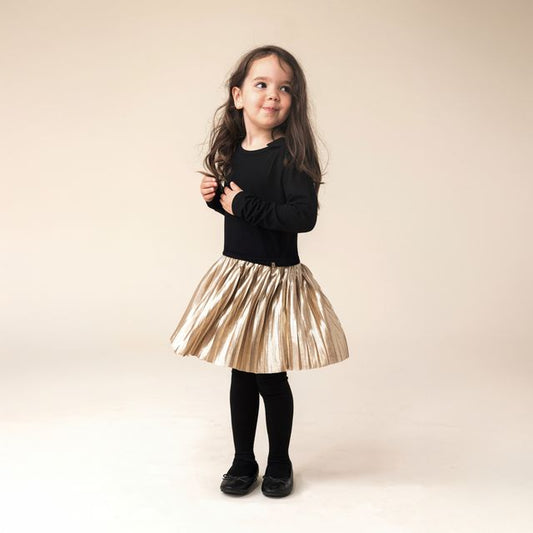 Robe - Nanö noire en jersey avec jupe plissée dorée brillante, manches longues, pour fille, vue de profil droit porté