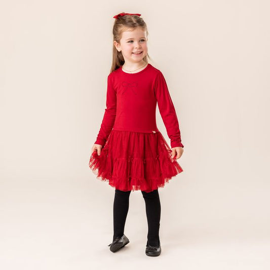 Robe - Nanö rouge en jersey et tulle étagée, manches longues, pour fille, vue de face portée sur mannequin.