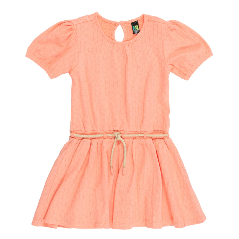 Robe - Nanö corail en pointelle unie avec manches bouffantes et taille élastique à cordon, pour fille, vue de face.