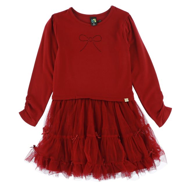 Robe - Nanö rouge en jersey viscose et tulle doublé, manches longues, jupe froncée étagée, pour fille, vue de face.