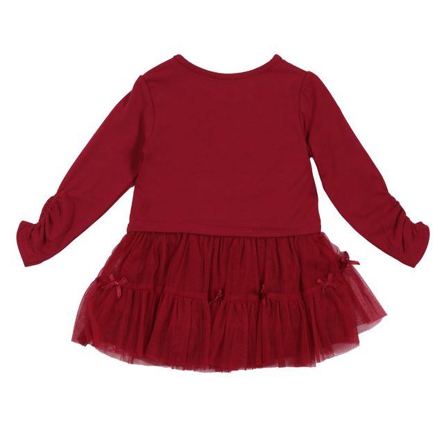 Robe - Nanö bordeaux en jersey et tulle uni avec manches longues froncées, taille enfant, vue de dos.