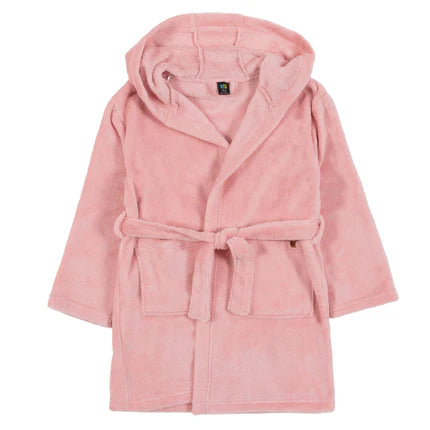 Robe de chambre - Nanö en tricot doux rose pâle à capuchon, manches longues, ceinture et poches, pour fille, vue de face.