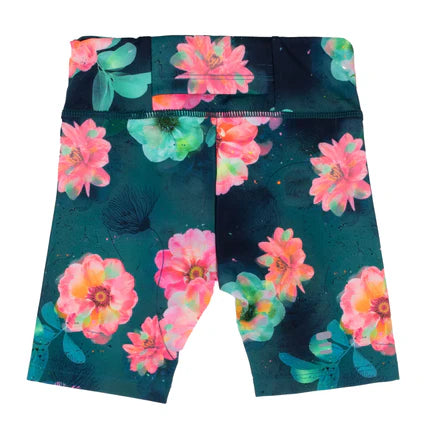 Short Amuse-toi - Nanö cycliste vert foncé à motifs floraux roses et verts, tissu tricot, pour fille, vue de dos.