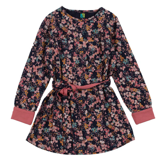 Tunique - Nanö en jersey imprimé fleurs rose bleu, manches longues avec poignets roses, ceinture, pour fille, vue de face