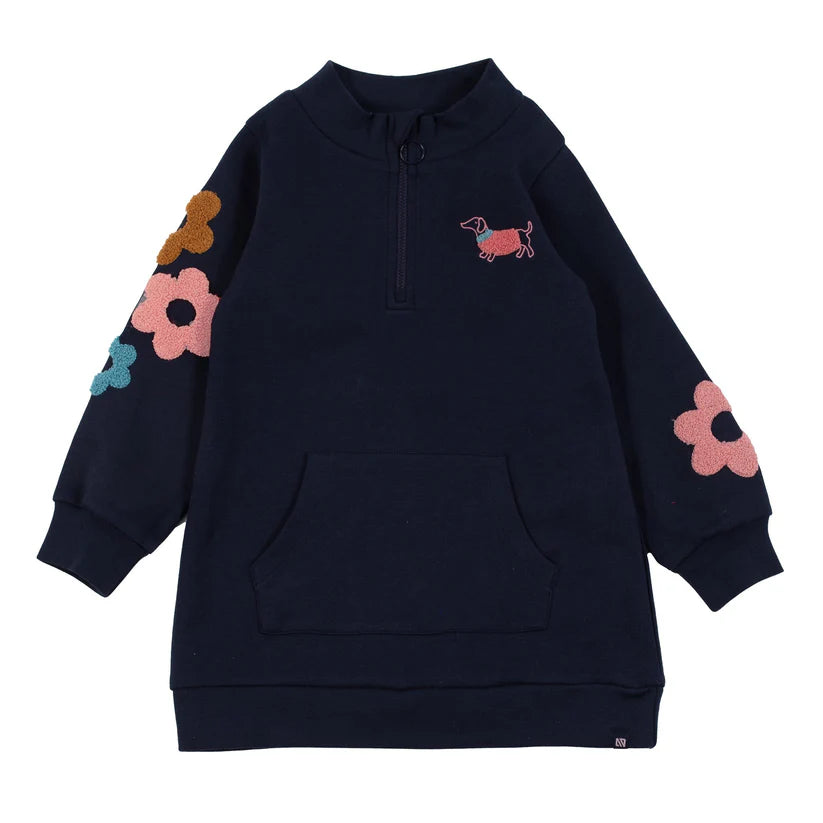 Tunique - Nanö bleu marine en interlock avec col montant, poche kangourou et imprimés fleurs colorées, pour fille, vue de face