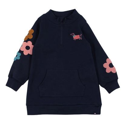 Tunique - Nanö bleu marine en interlock avec col montant, poche kangourou et imprimés fleurs colorées, pour fille, vue de face