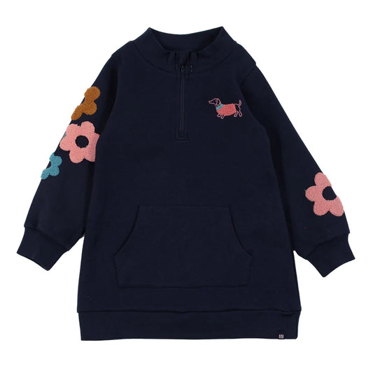 Tunique - Nanö bleu marine en interlock avec col montant, poche kangourou et imprimés fleurs colorées, pour fille, vue de face