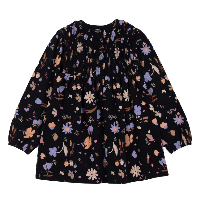 Tunique - Nanö noire imprimé floral beige et violet, manches longues bouffantes, en jersey, pour fille, vue de face.