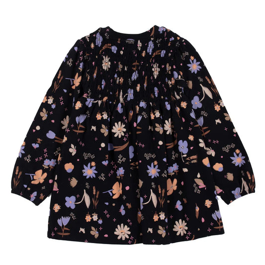 Tunique - Nanö noire imprimé floral beige et violet, manches longues bouffantes, en jersey, pour fille, vue de face.