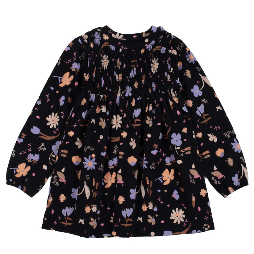 Tunique - Nanö en jersey noir imprimé fleurs violettes et beige, manches longues bouffantes, pour fille, vue de face