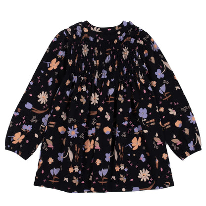 Tunique - Nanö en jersey noir imprimé fleurs violettes et beige, manches longues bouffantes, pour fille, vue de face