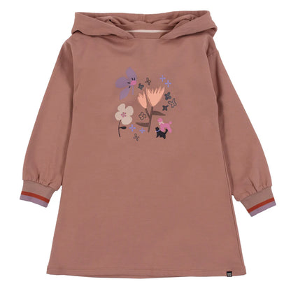 Tunique - Nanö rose poudré en coton avec capuche et motifs floraux, manches longues, poignets côtelés rayés, pour fille, vue de face