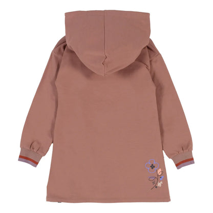 Tunique - Nanö en coton marron avec capuche et manches longues, rayures aux poignets, imprimé floral bas dos, pour fille, vue de dos