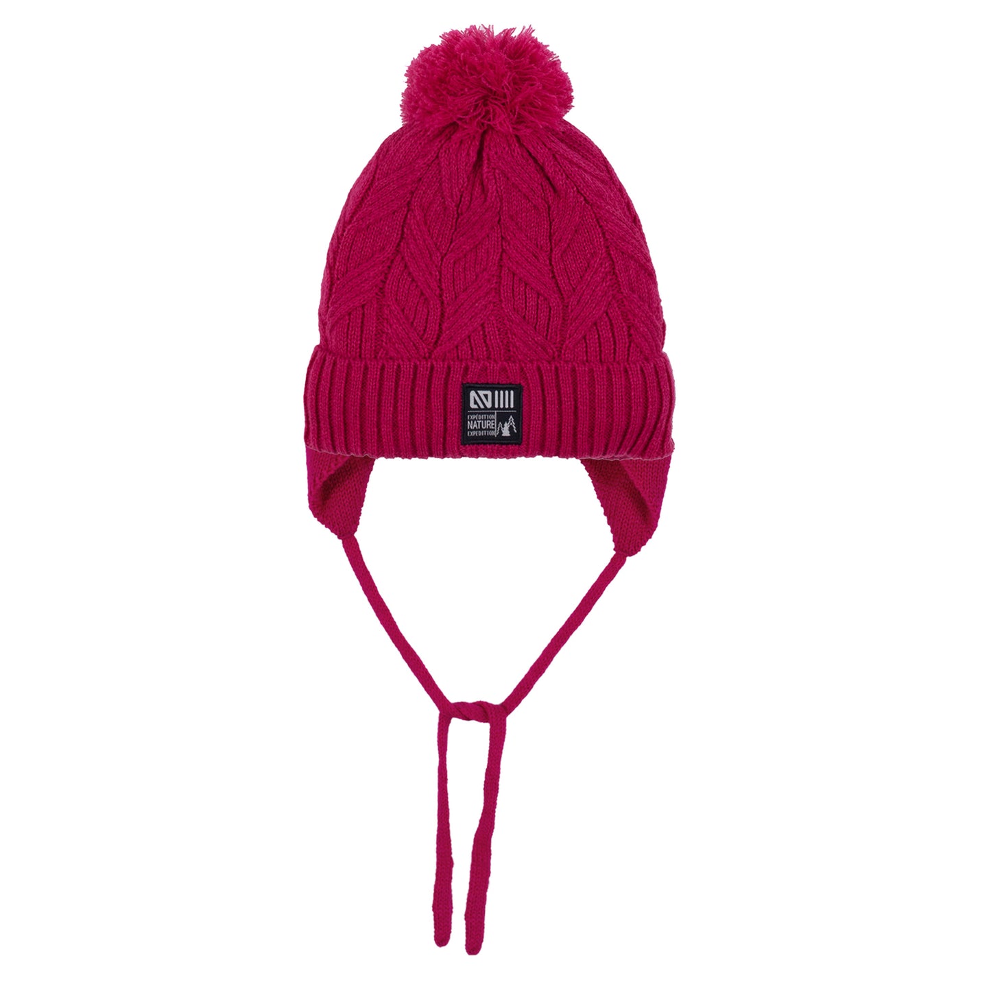 Tuque d'hiver - Nanö rose fuchsia en tricot torsadé doublée micropolaire avec pompon et protège-oreilles, vue de face