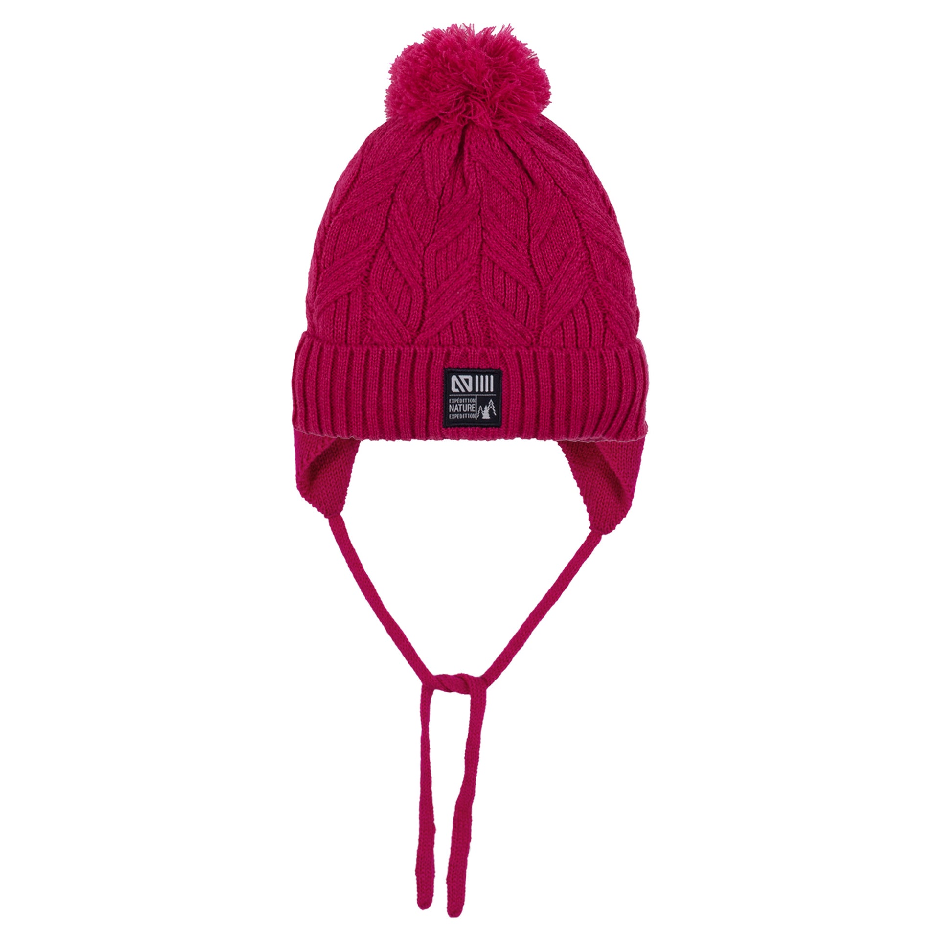 Tuque d'hiver - Nanö rose fuchsia en tricot torsadé doublée micropolaire avec pompon et protège-oreilles, vue de face