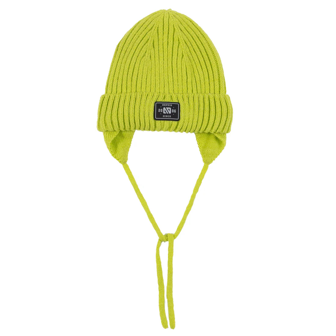 Tuque d'hiver - Nanö en tricot côtelé vert lime avec protège-oreilles et cordons, vue de face, pour enfant.