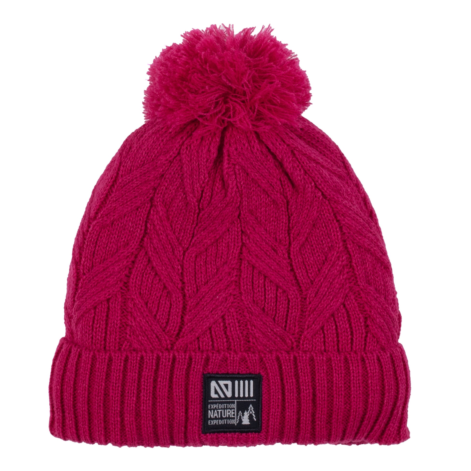 Tuque d'hiver - Nanö fuchsia tricot torsadé avec pompon, doublure micropolaire, pour enfant, vue de face.