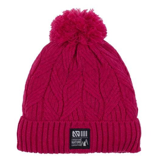 Tuque d'hiver - Nanö fuchsia tricot torsadé avec pompon, doublure micropolaire, pour enfant, vue de face.