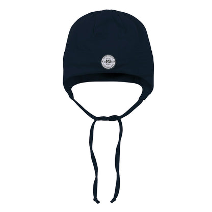 Tuque Mi-Saison - Nanö marine en tissu léger avec attaches, pour bébé 12-24 mois, vue de face.