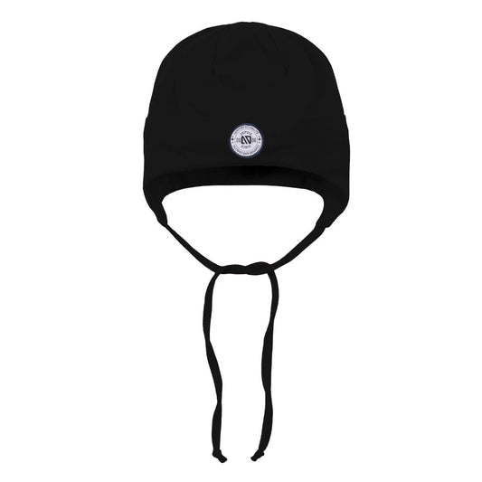 Tuque Mi-Saison - Nanö noire en jersey doux avec doublure et protège-oreilles, vue de face avec cordons à nouer pour enfant.
