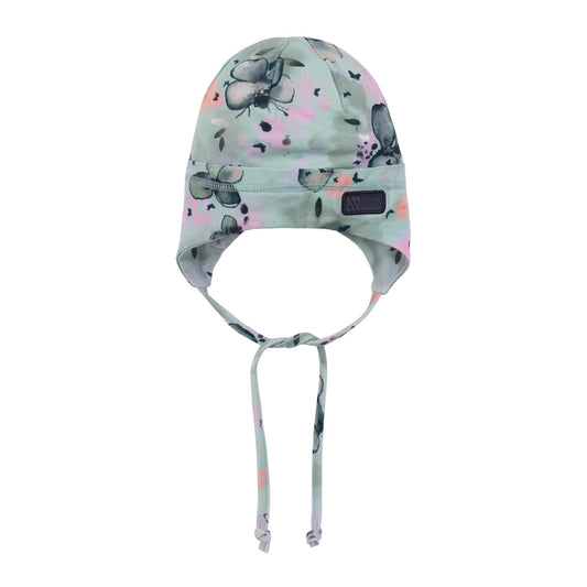 Tuque Mi-Saison - Nanö en jersey doux imprimé fleurs grises et roses, pour bébé fille, vue de face avec cordons attachés.