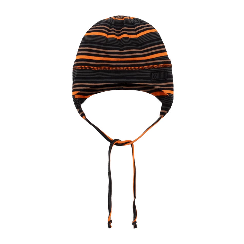 Tuque Mi-Saison - Nanö rayée orange et noire en jersey doux avec protège-oreilles et cordons, vue de face.