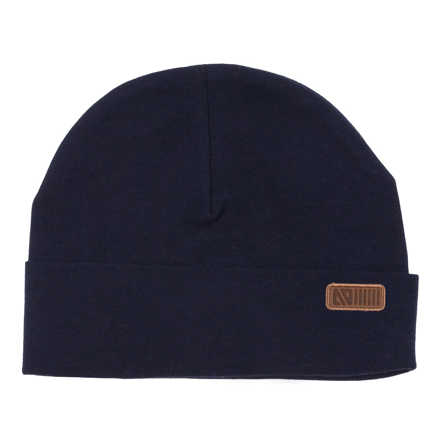 Tuque Mi-Saison - Nanö bleu marine avec logo brun en coton et élasthanne, vue de face sur fond blanc.