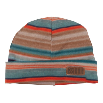 Tuque Mi-Saison - Nanö rayée orange, bleu et beige en coton extensible, style garçon, vue de face avec étiquette en cuir.