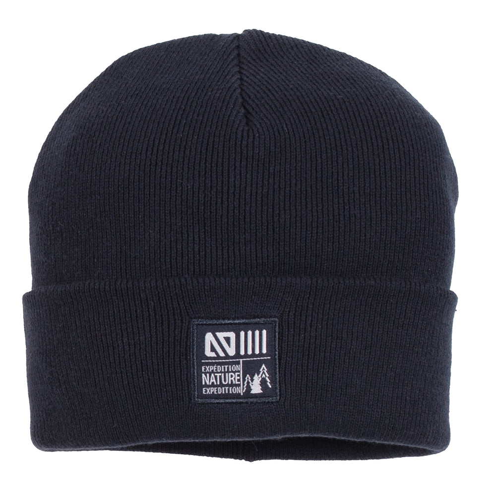 Tuque Mi-Saison - Nanö en tricot noir double épaisseur avec écusson tissé, taille 12-24 mois, vue de face.