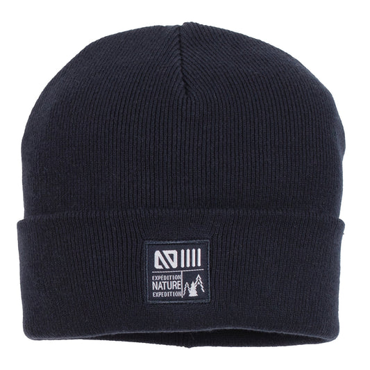 Tuque Mi-Saison - Nanö en tricot noir double épaisseur avec écusson tissé, taille 12-24 mois, vue de face.