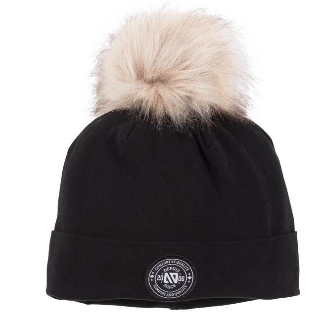 Tuque en jersey doublée en polar - Nanö noire avec pompon fausse fourrure beige, pour fille, vue de face